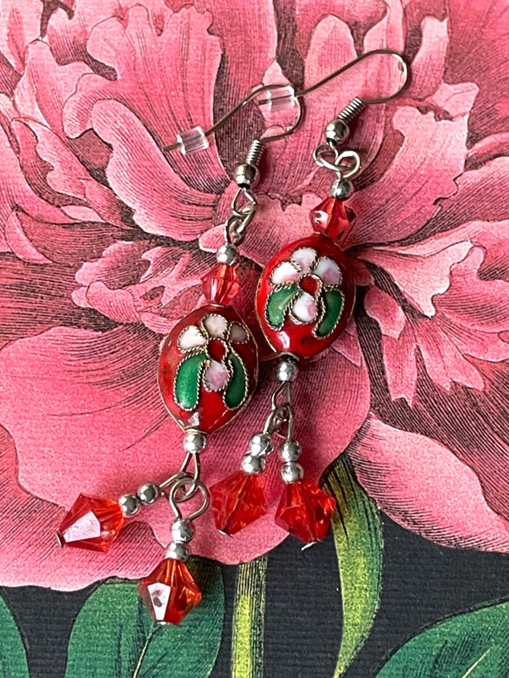 Vintage/style boho maximalist cloisonné & crystal dangle earrings